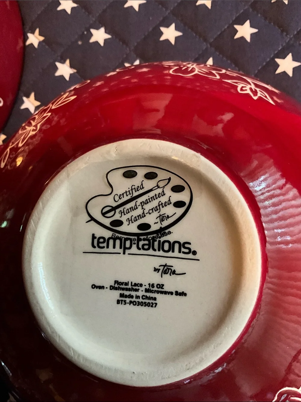 EUC Temp-Tations Red Floral Trim Stoneware Bowls (Set of 4)